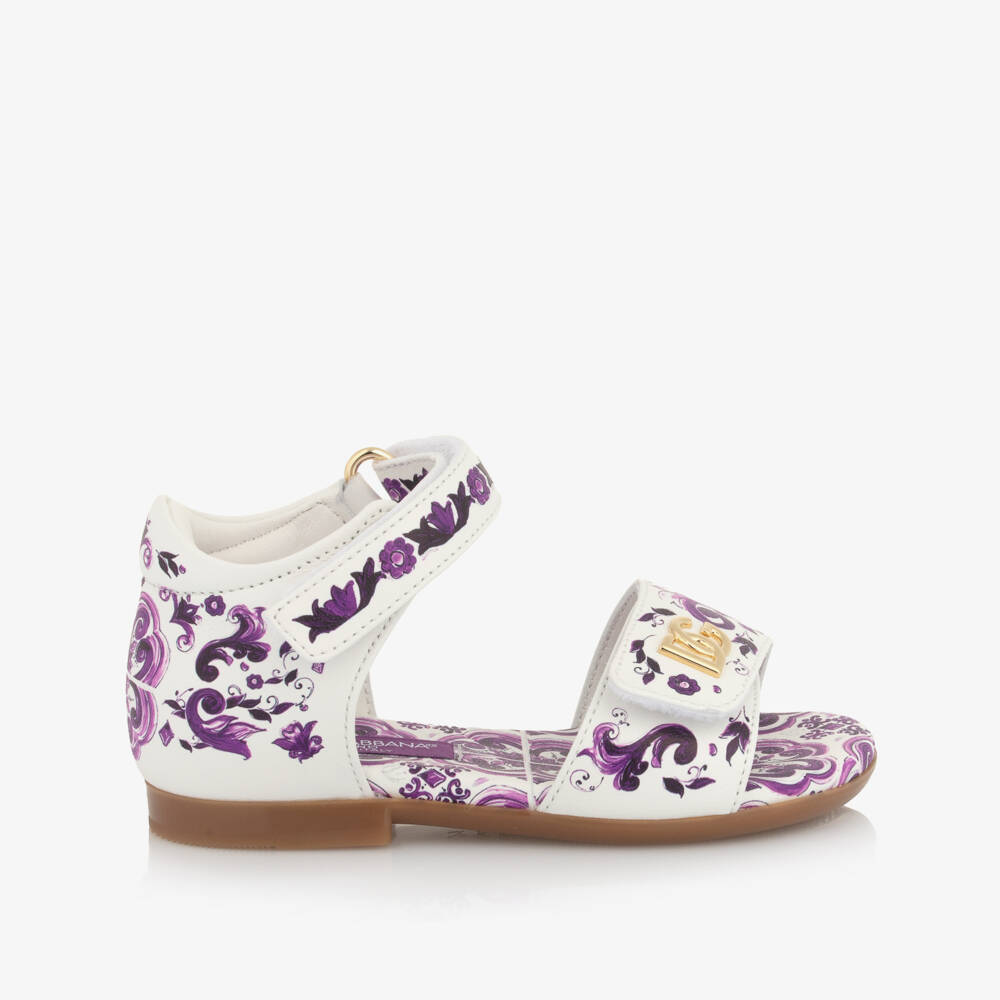 Dolce & Gabbana-Baby Girls White & Purple Majolica Print Leather Sandals | Childrensalon Outlet