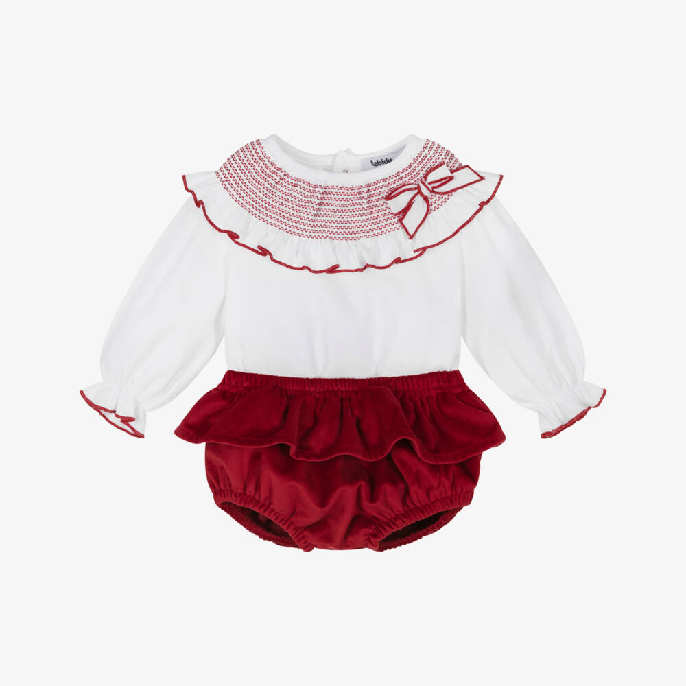 Babidu-Baby Girls White Smocked Blouse & Red Velvet Shorts Set | Childrensalon Outlet