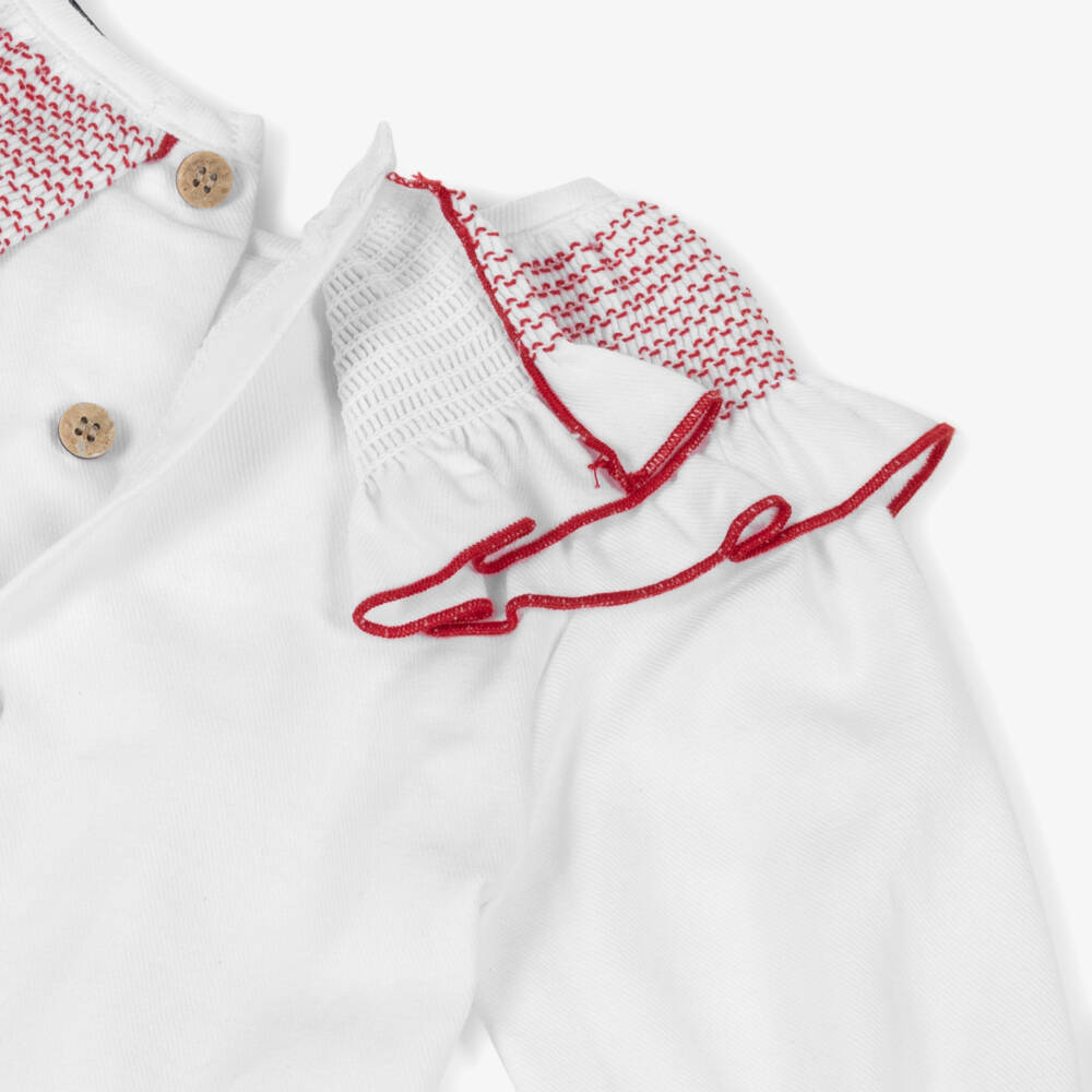 Babidu-Baby Girls White Smocked Blouse & Red Velvet Shorts Set | Childrensalon Outlet