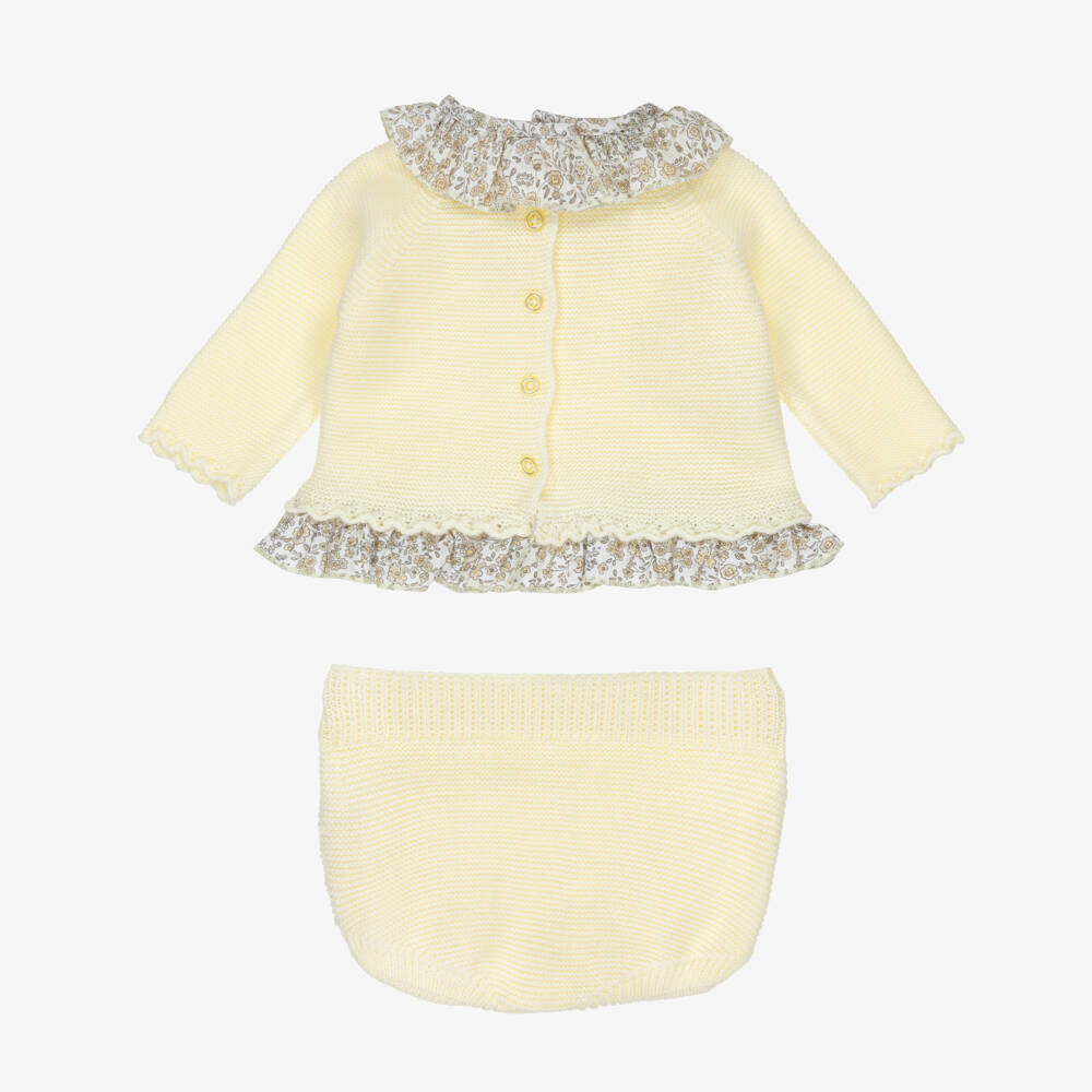 Artesanía Granlei-Baby Girls Yellow Knitted Shorts Set with Floral Trim | Childrensalon Outlet