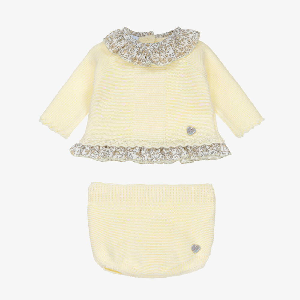 Artesanía Granlei-Baby Girls Yellow Knitted Shorts Set with Floral Trim | Childrensalon Outlet