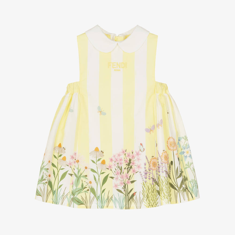 Fendi-Baby Girls Yellow Stripe & Floral Cotton Dress | Childrensalon Outlet