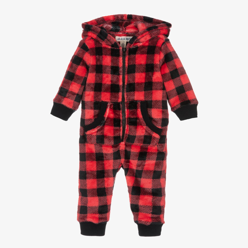 Hatley-Baby Red Check Fleece Hooded Onesie | Childrensalon Outlet