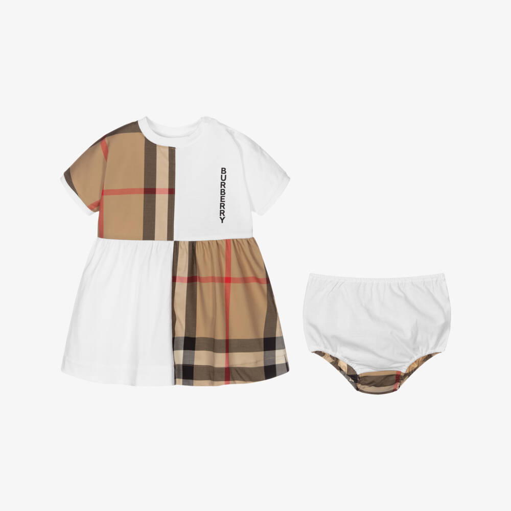 Burberry-Baby White & Beige Check Dress | Childrensalon Outlet