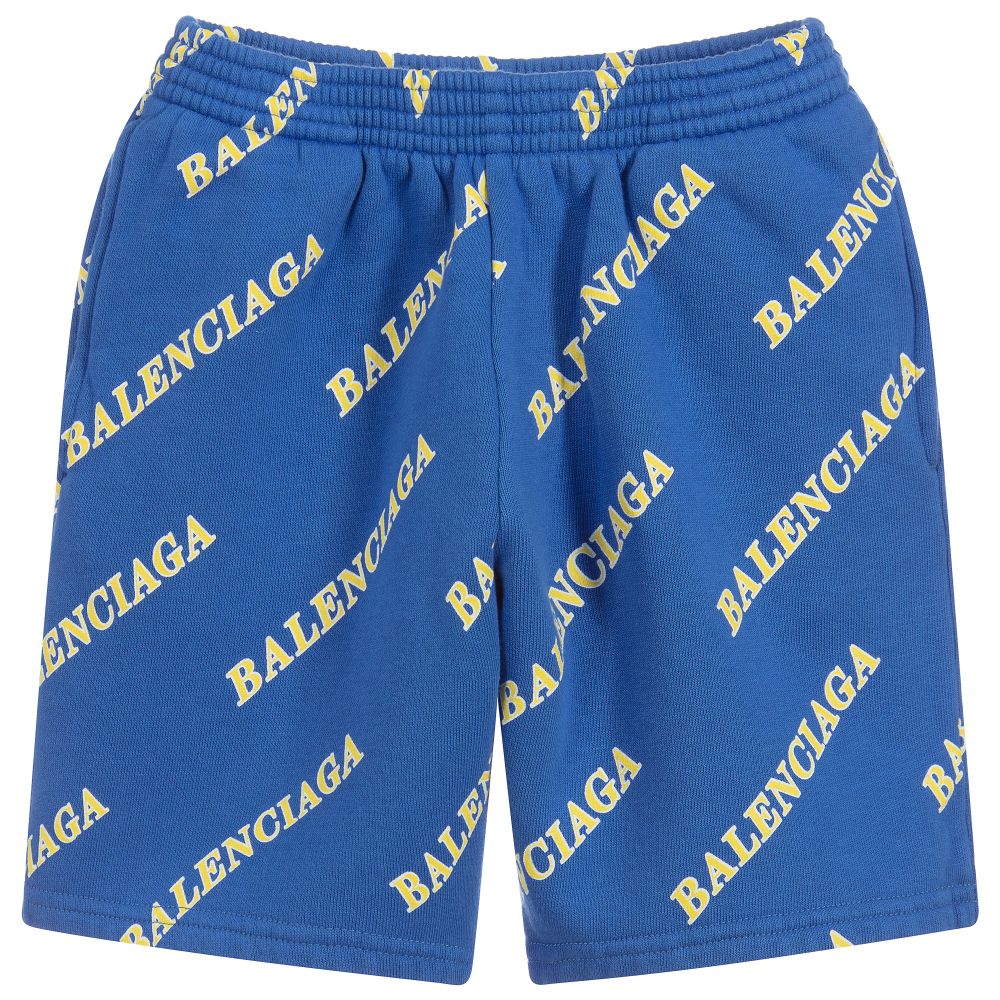 Balenciaga - شورت برمودا لوغو قطن لون أزرق وأصفر | Childrensalon