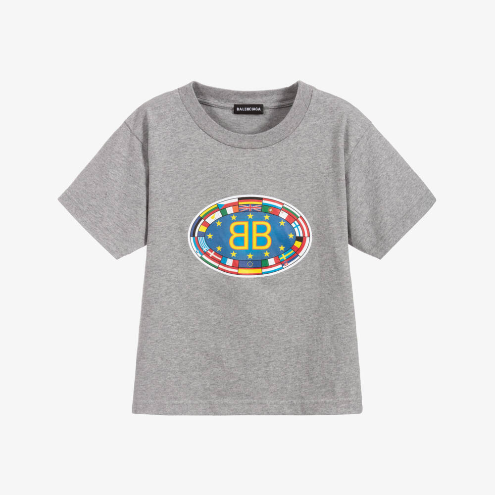 Balenciaga-Grey Cotton Flag Logo T-Shirt | Childrensalon Outlet