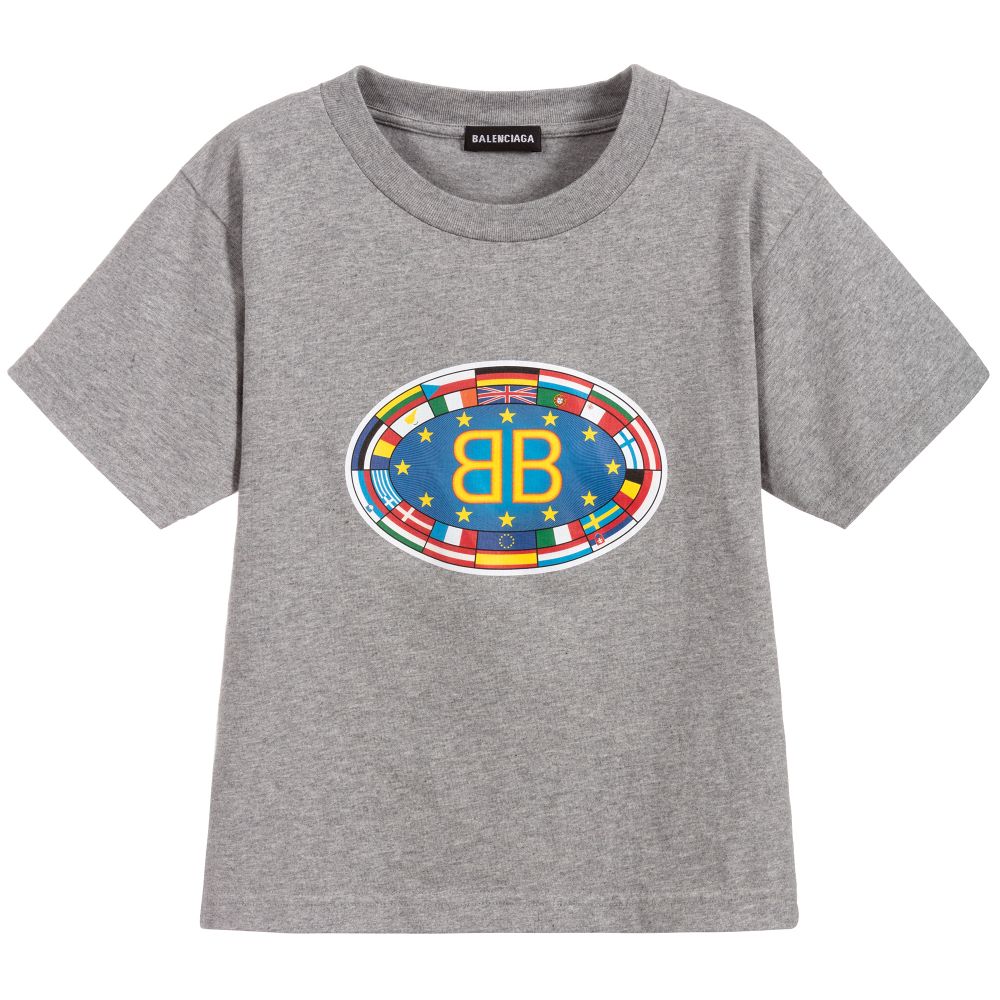 Balenciaga - Grey Cotton Flag Logo T-Shirt | Childrensalon