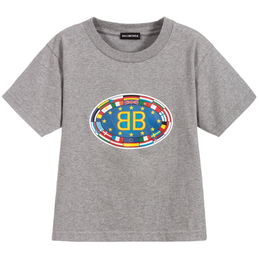 Balenciaga Grey Cotton Flag Logo T Shirt Childrensalon Outlet