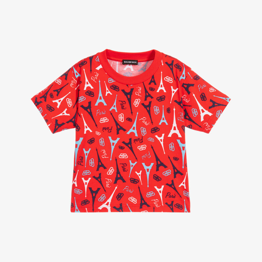 Balenciaga-Red Cotton Paris Logo T-Shirt | Childrensalon Outlet