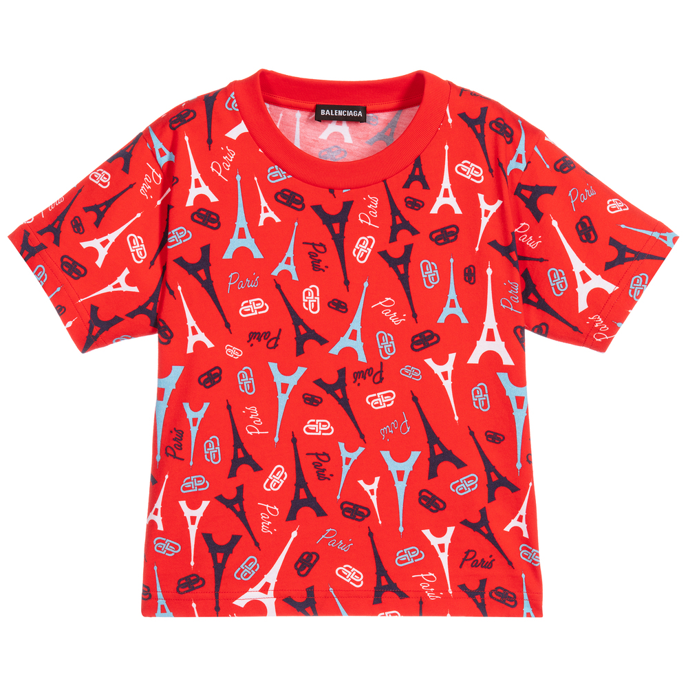 Balenciaga - Red Cotton Paris Logo T-Shirt | Childrensalon