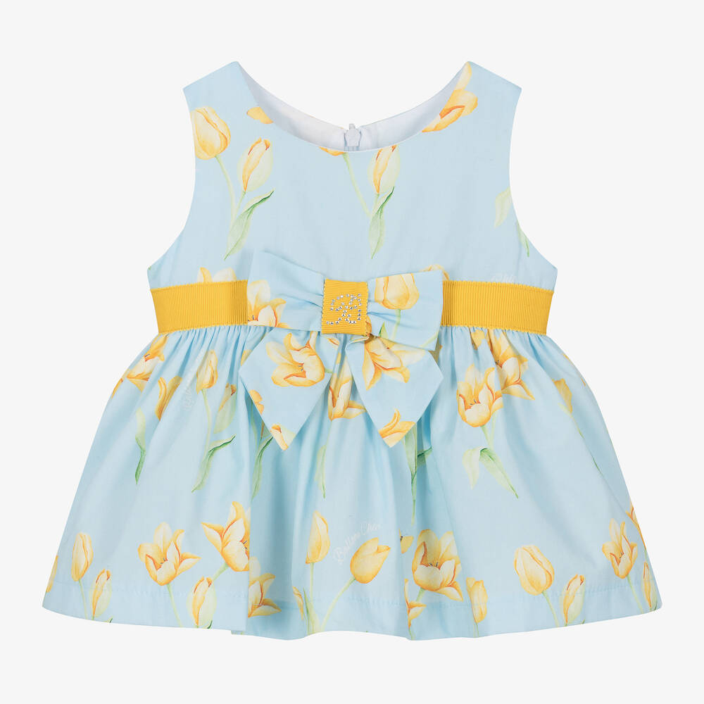Balloon Chic-فستان قطن لون أزرق بطبعة ورود للمولودات | Childrensalon Outlet