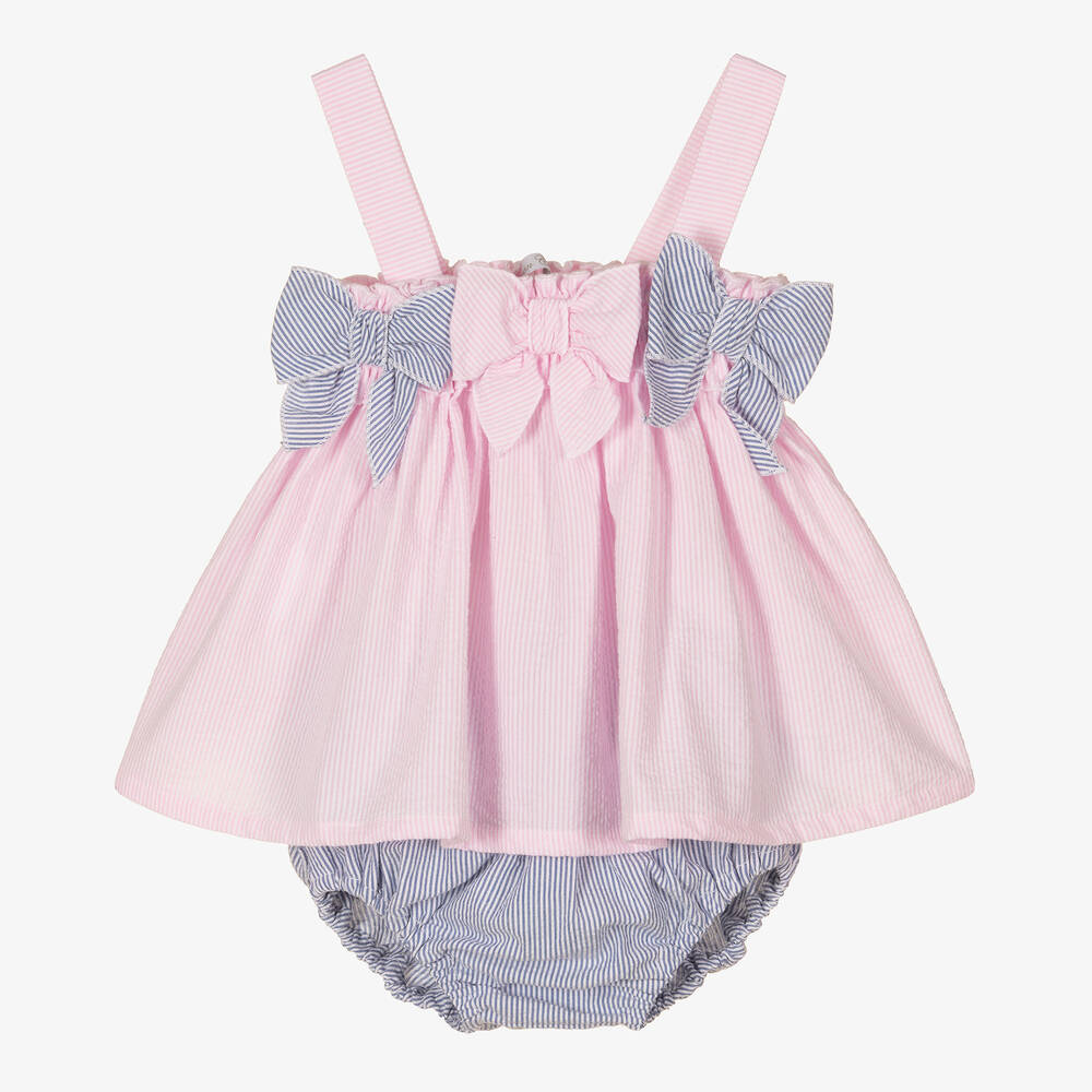 Balloon Chic - Robe rose et bleue rayée en coton | Childrensalon