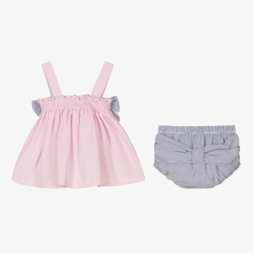 Balloon Chic-Розовое платье и шорты в синюю полоску из хлопка | Childrensalon Outlet