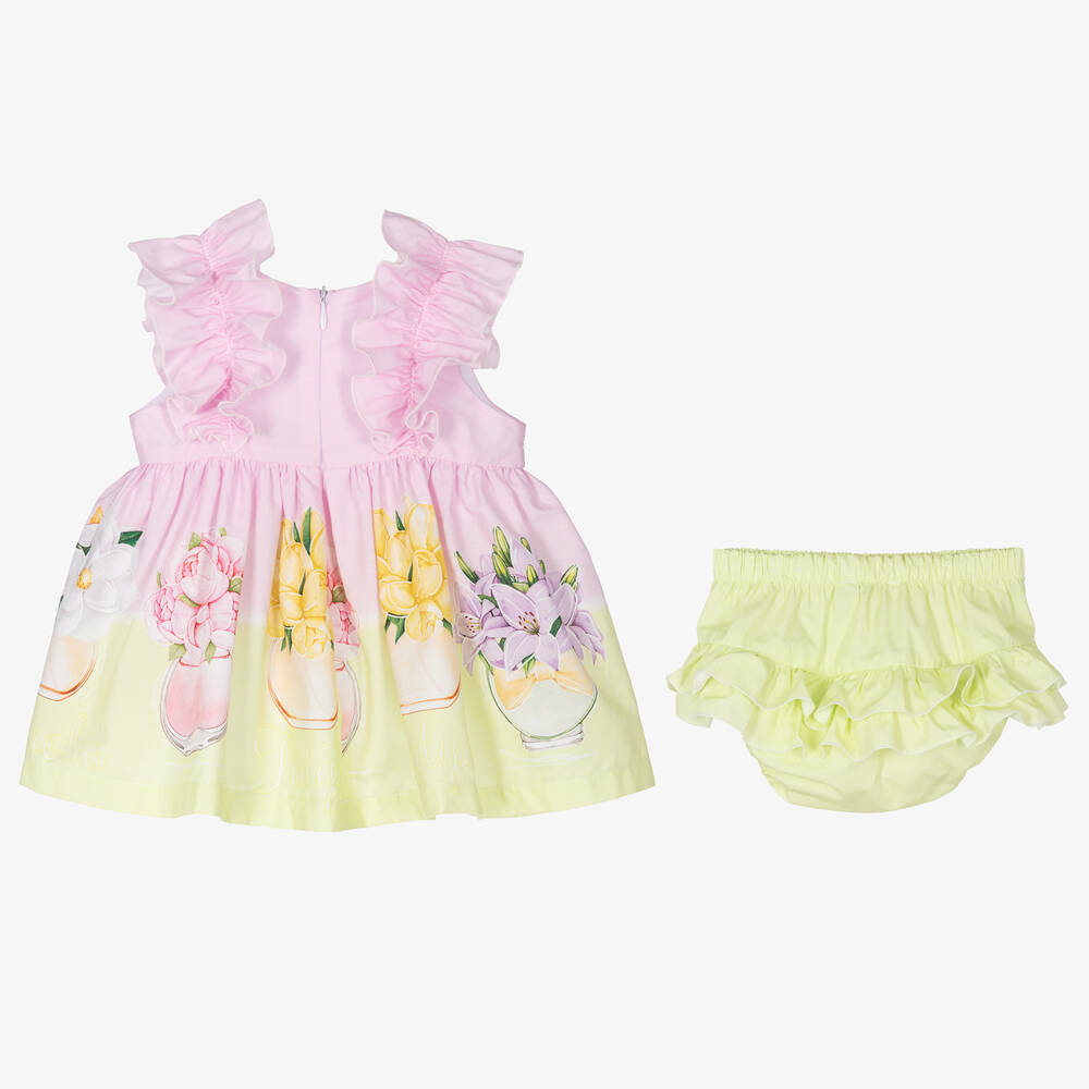 Balloon Chic-فستان قطن بوبلين لون زهري وأخضر للمولودات | Childrensalon Outlet