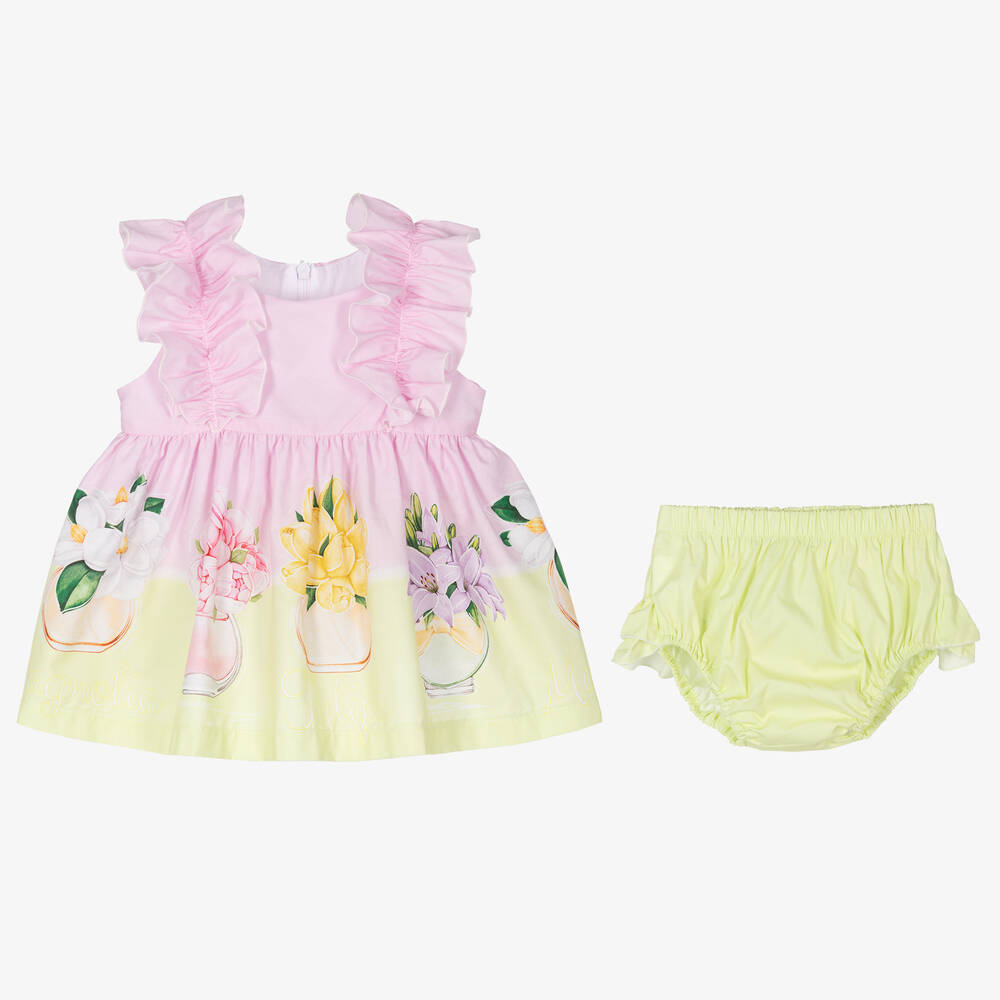 Balloon Chic-فستان قطن بوبلين لون زهري وأخضر للمولودات | Childrensalon Outlet