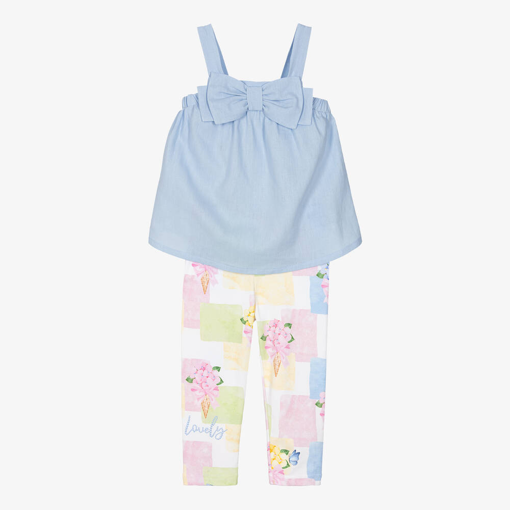 Balloon Chic-طقم ليغنغز كتان وقطن لون أزرق بطبعة ورود | Childrensalon Outlet