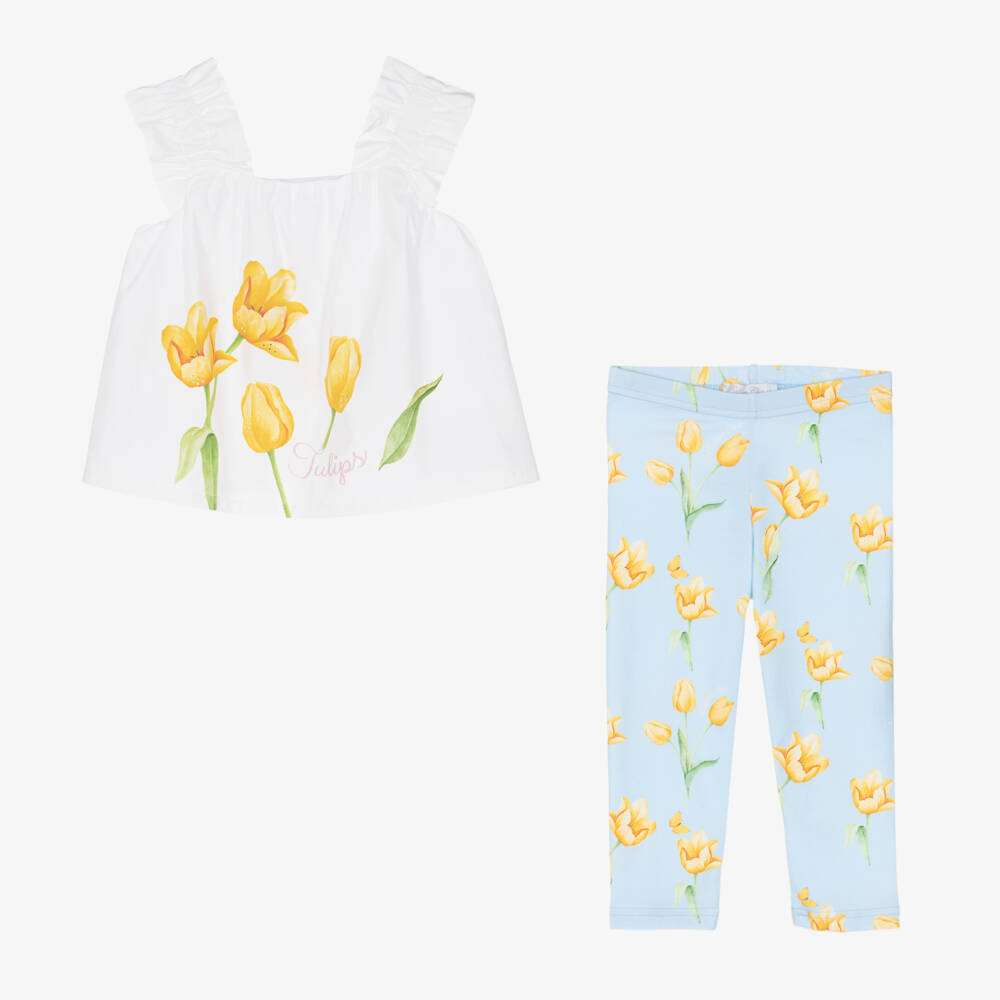 Balloon Chic-Girls Blue Cotton Floral Leggings Set | Childrensalon Outlet