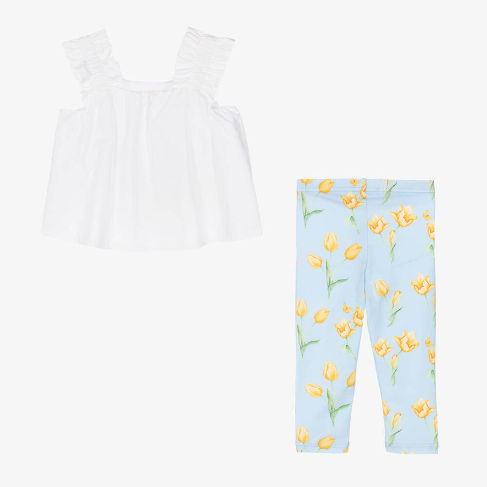 Balloon Chic-Girls Blue Cotton Floral Leggings Set | Childrensalon Outlet