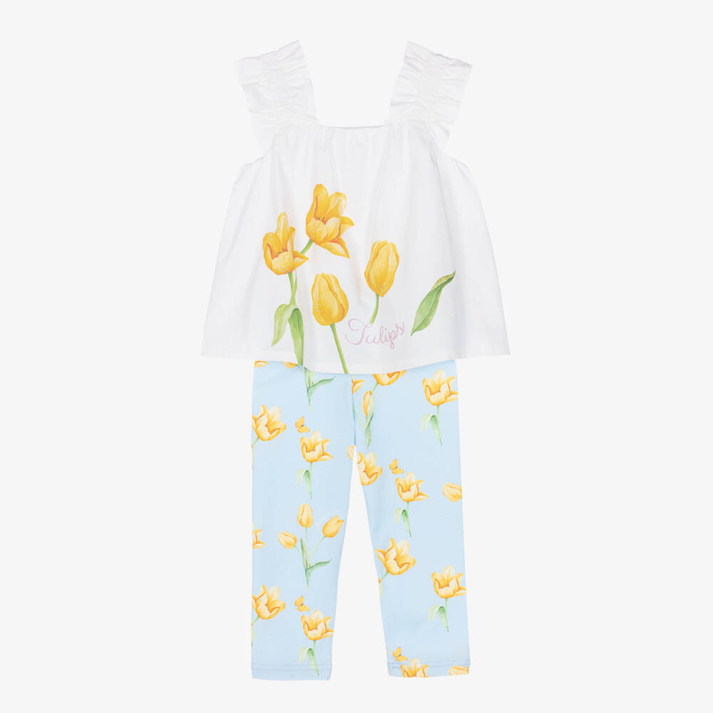 Balloon Chic-طقم ليغنغز مزيج قطن لون أزرق وأبيض بطبعة ورود | Childrensalon Outlet