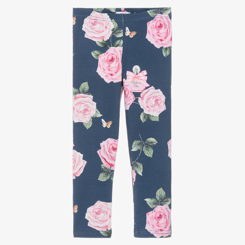 Balloon Chic - Girls Blue Cotton Rose Print Leggings | Childrensalon