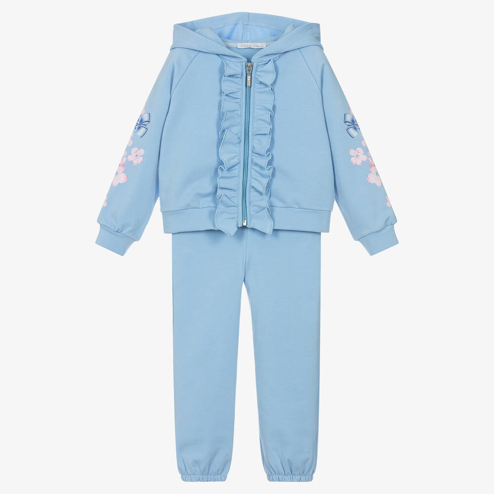 Balloon Chic - Girls Blue Cotton Ruffle Tracksuit | Childrensalon