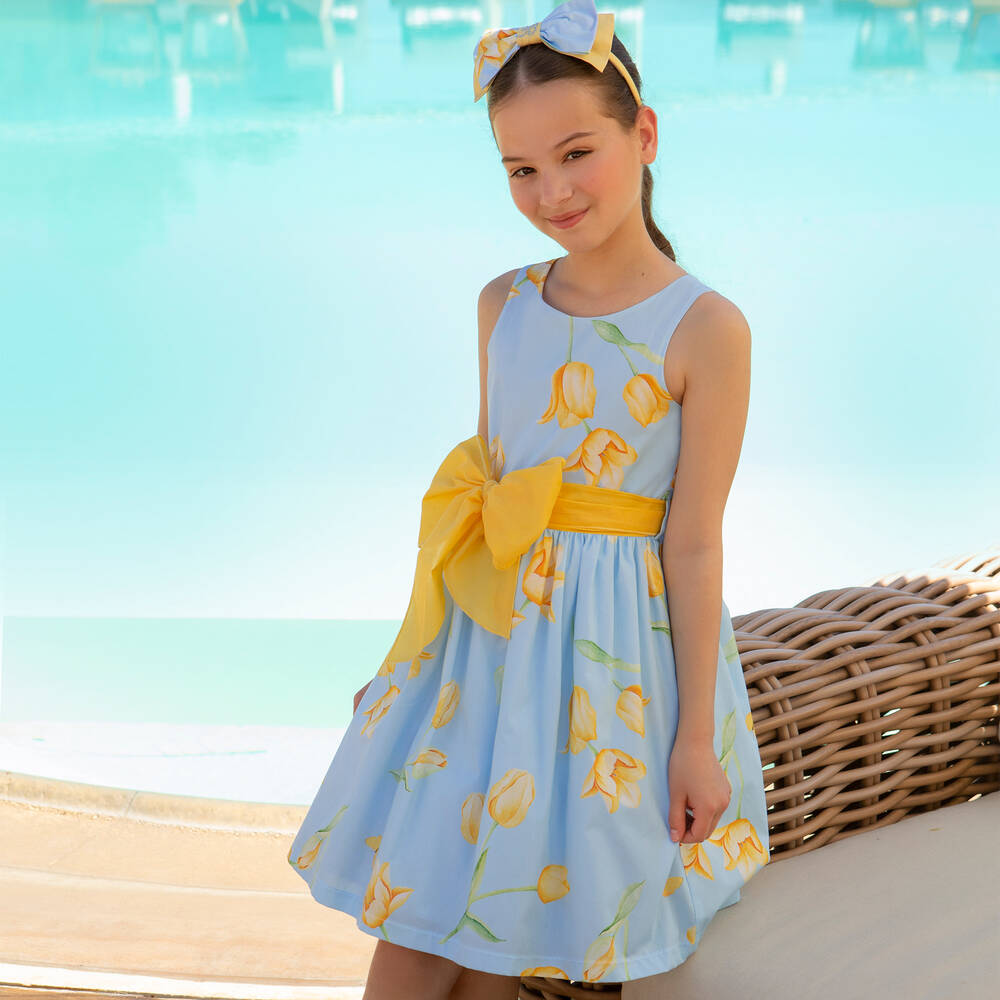 Balloon Chic-Girls Blue Cotton Tulip Print Dress | Childrensalon Outlet