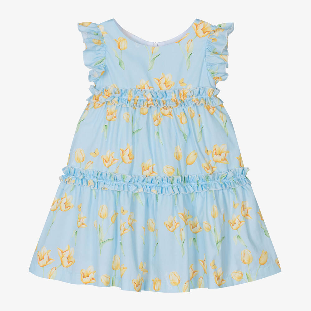 Balloon Chic-فستان قطن بوبلين مزين بكشكش لون أزرق | Childrensalon Outlet