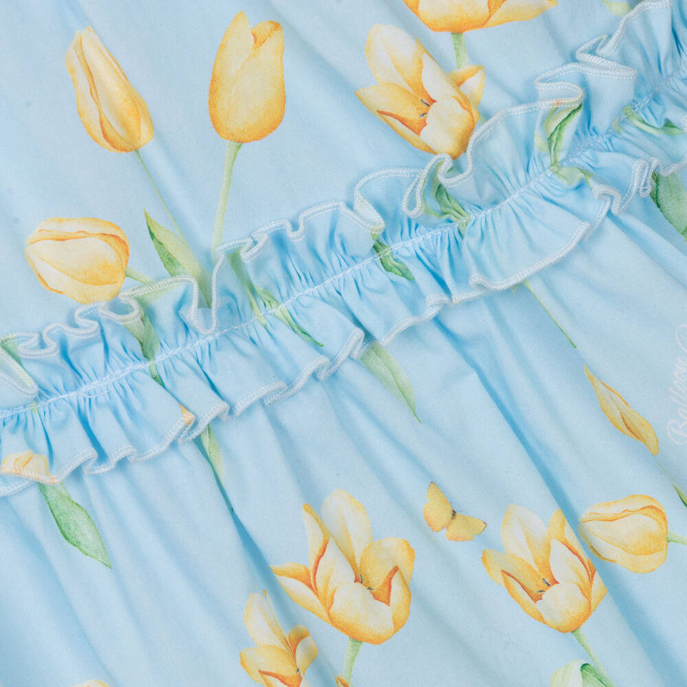 Balloon Chic-فستان قطن بوبلين مزين بكشكش لون أزرق | Childrensalon Outlet