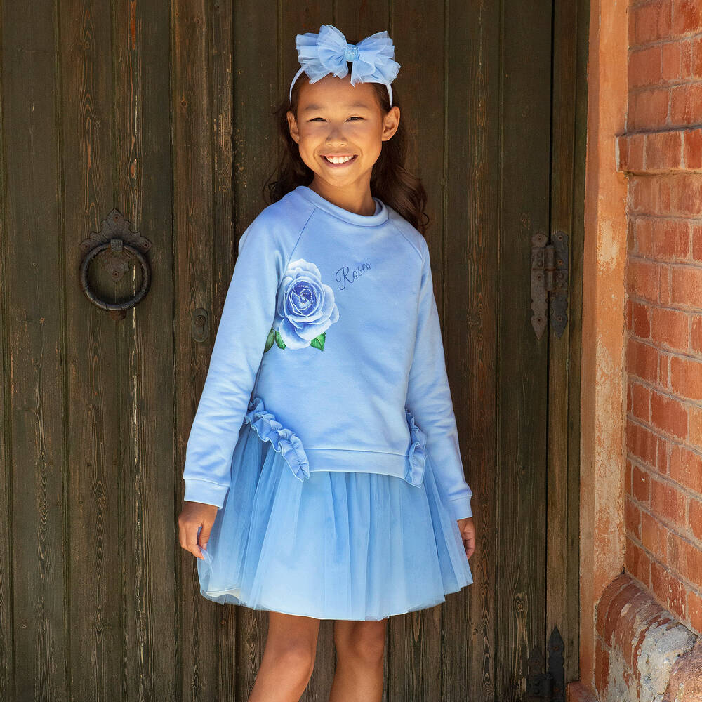 Balloon Chic-Girls Blue Cotton & Tulle Rose Dress | Childrensalon Outlet