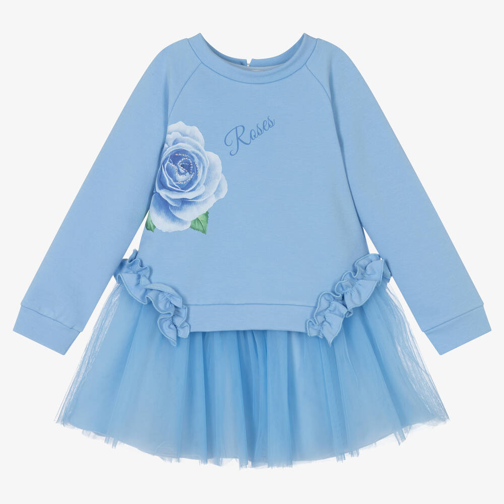 Balloon Chic - Girls Blue Cotton & Tulle Rose Dress | Childrensalon