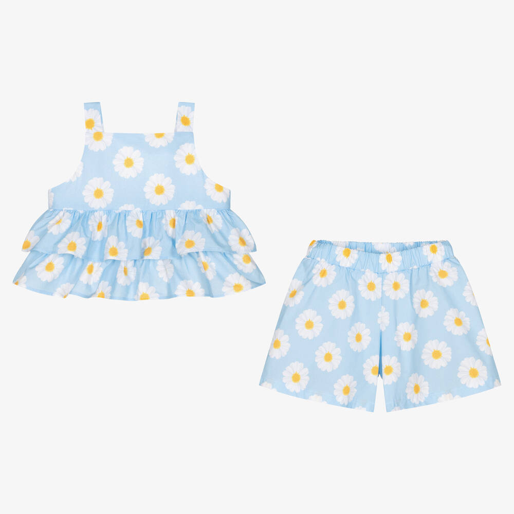 Balloon Chic-Girls Blue Daisy Print Cotton Shorts Set | Childrensalon Outlet