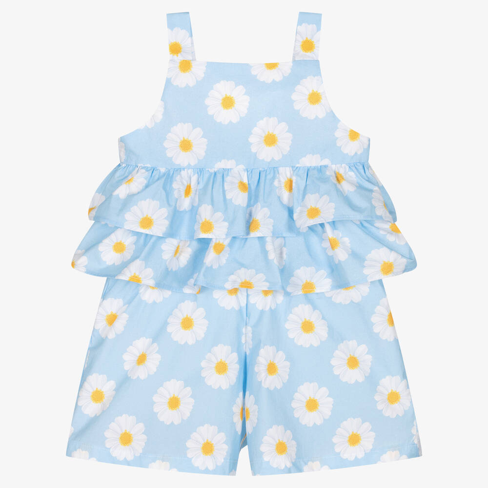 Balloon Chic - Girls Blue Daisy Print Cotton Shorts Set | Childrensalon