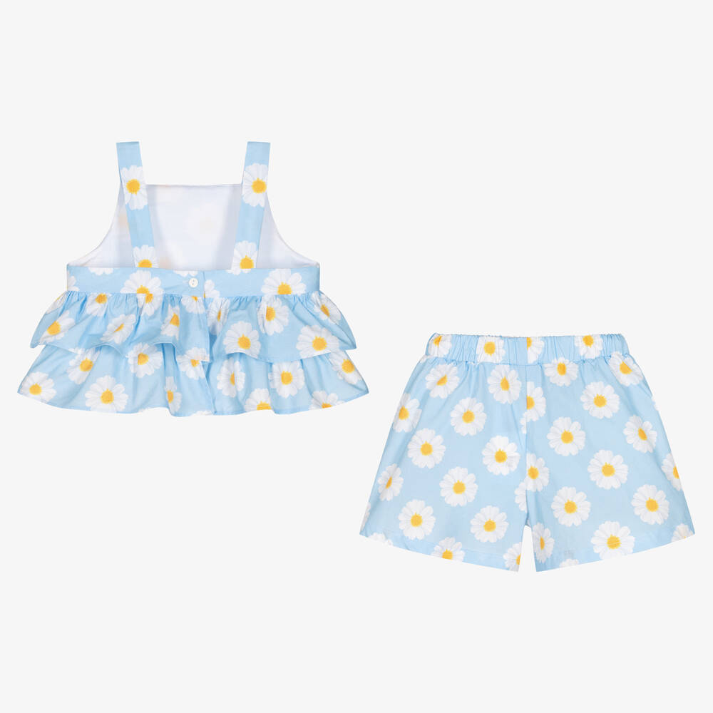 Balloon Chic-Girls Blue Daisy Print Cotton Shorts Set | Childrensalon Outlet
