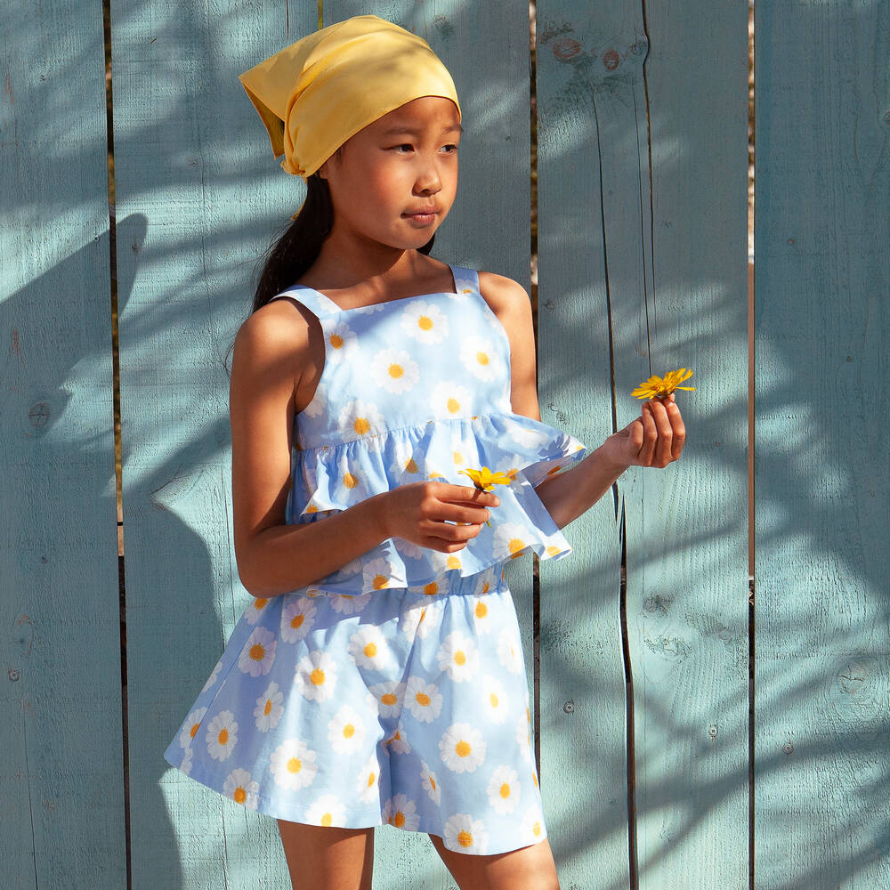 Balloon Chic-Girls Blue Daisy Print Cotton Shorts Set | Childrensalon Outlet