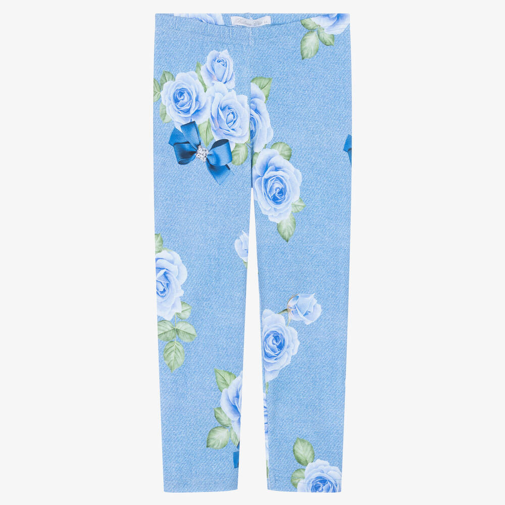 Balloon Chic - Girls Blue Floral Cotton Leggings | Childrensalon