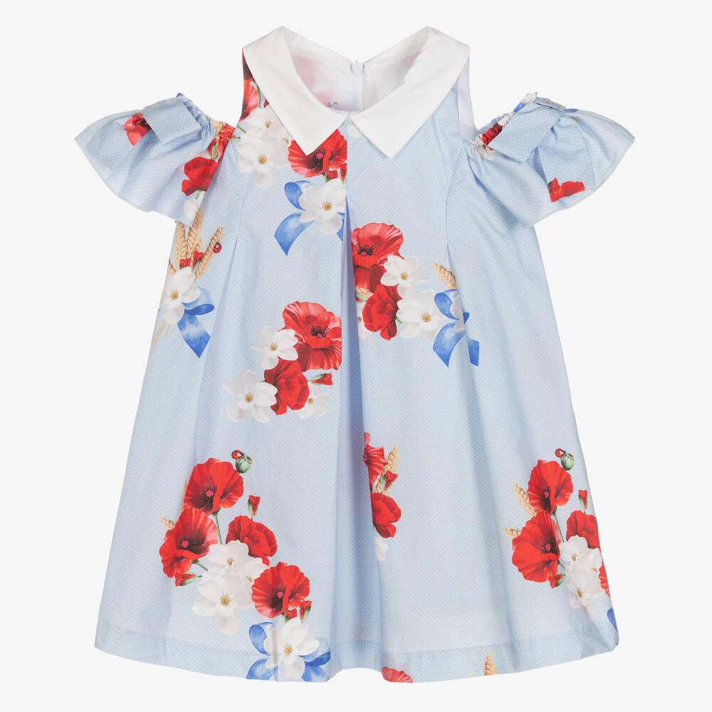 Balloon Chic-فستان قطن بوبلين لون أزرق بطبعة ورود | Childrensalon Outlet