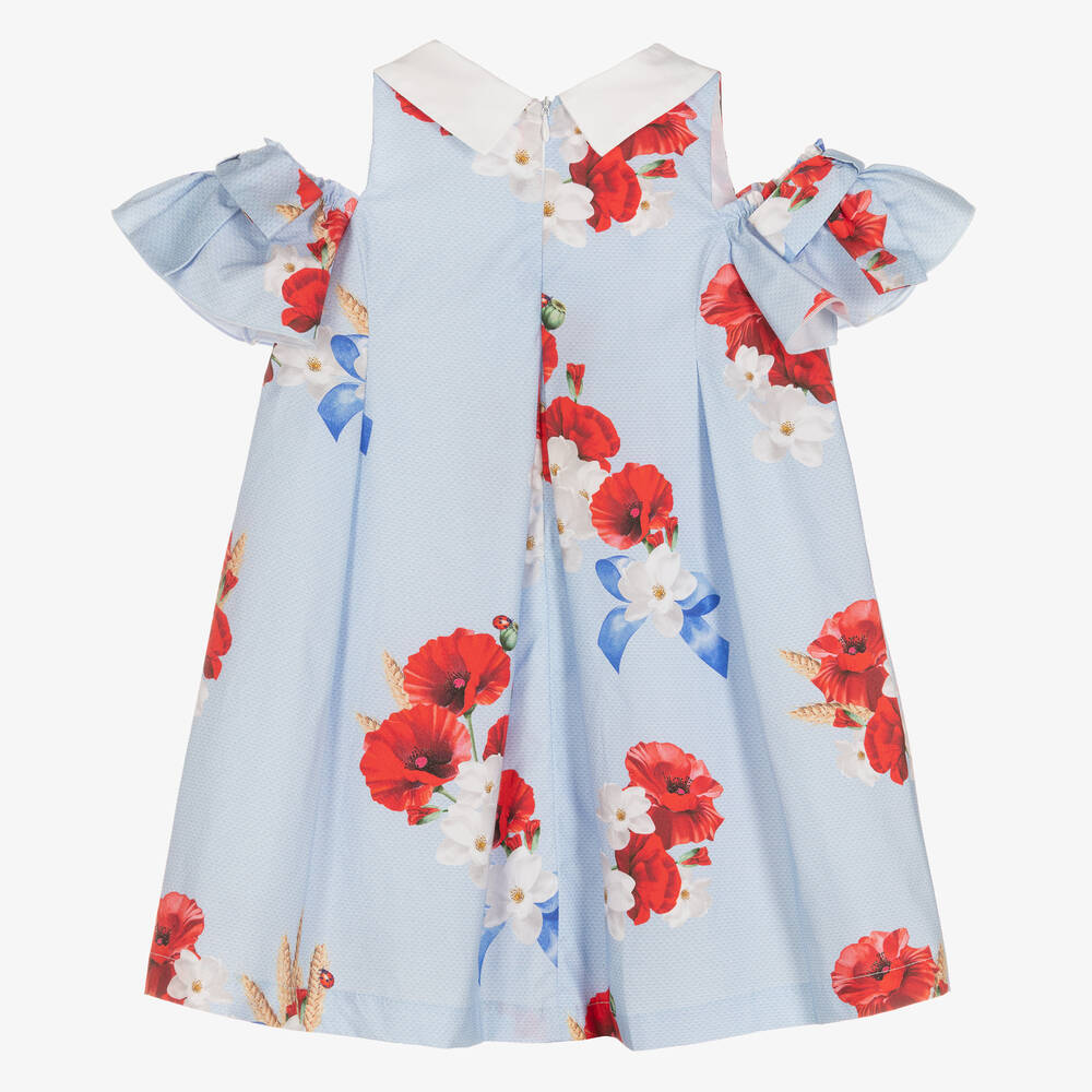 Balloon Chic-فستان قطن بوبلين لون أزرق بطبعة ورود | Childrensalon Outlet