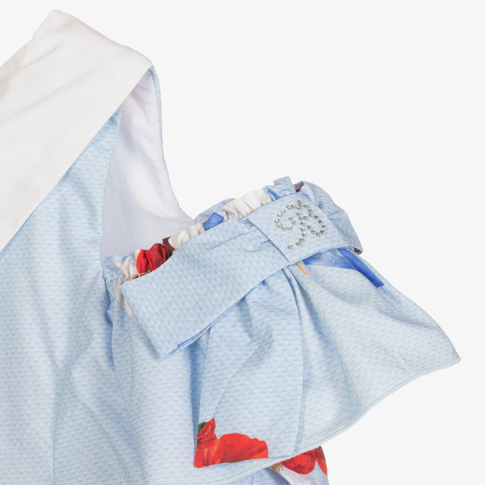 Balloon Chic-فستان قطن بوبلين لون أزرق بطبعة ورود | Childrensalon Outlet