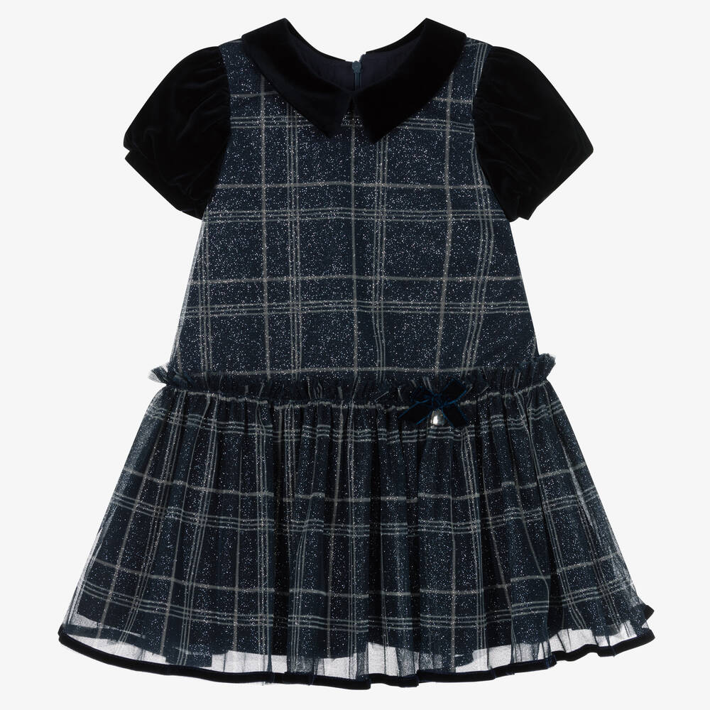 Balloon Chic - Girls Blue Glitter Tulle Check Dress | Childrensalon