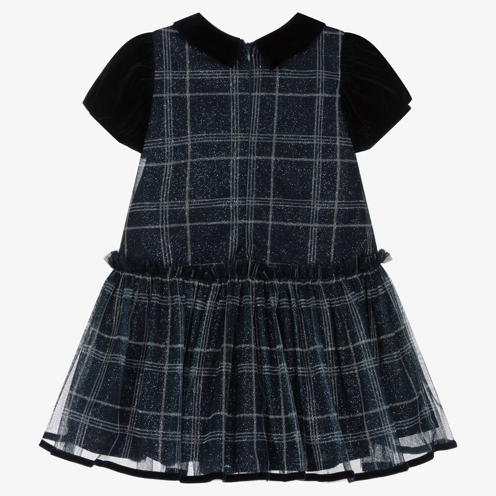 Balloon Chic-Girls Blue Glitter Tulle Check Dress | Childrensalon Outlet