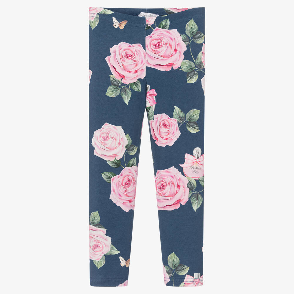 Balloon Chic - Girls Blue Rose Print Leggings | Childrensalon