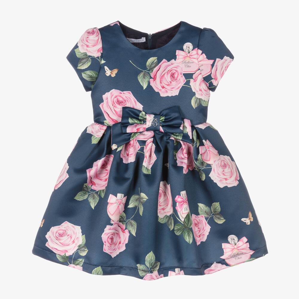 Balloon Chic - Robe bleue satin Roses Fille | Childrensalon