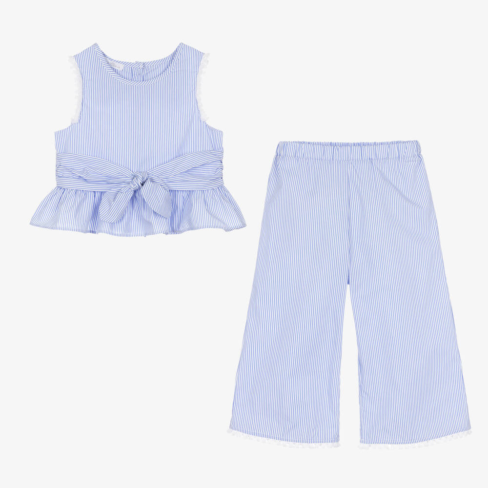 Balloon Chic-طقم بنطلون قطن بوبلين مقلم لون أزرق وأبيض للبنات | Childrensalon Outlet