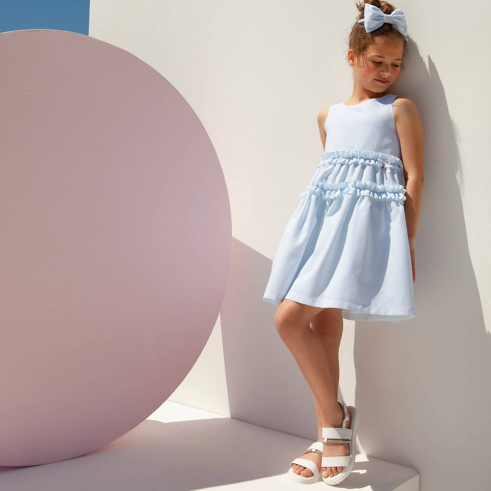 Balloon Chic-Girls Blue & White Cotton Dress  | Childrensalon Outlet