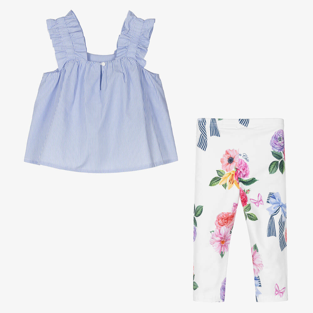 Balloon Chic-Голубой топ и белые легинсы из хлопка | Childrensalon Outlet