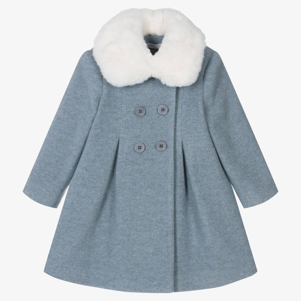 Balloon Chic - Girls Blue Wool Faux Fur Collar Coat | Childrensalon