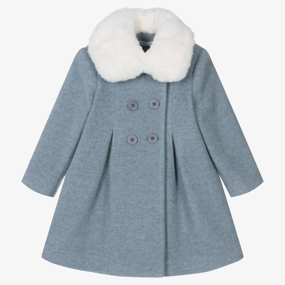 Balloon Chic Girls Blue Wool Faux Fur Collar Coat