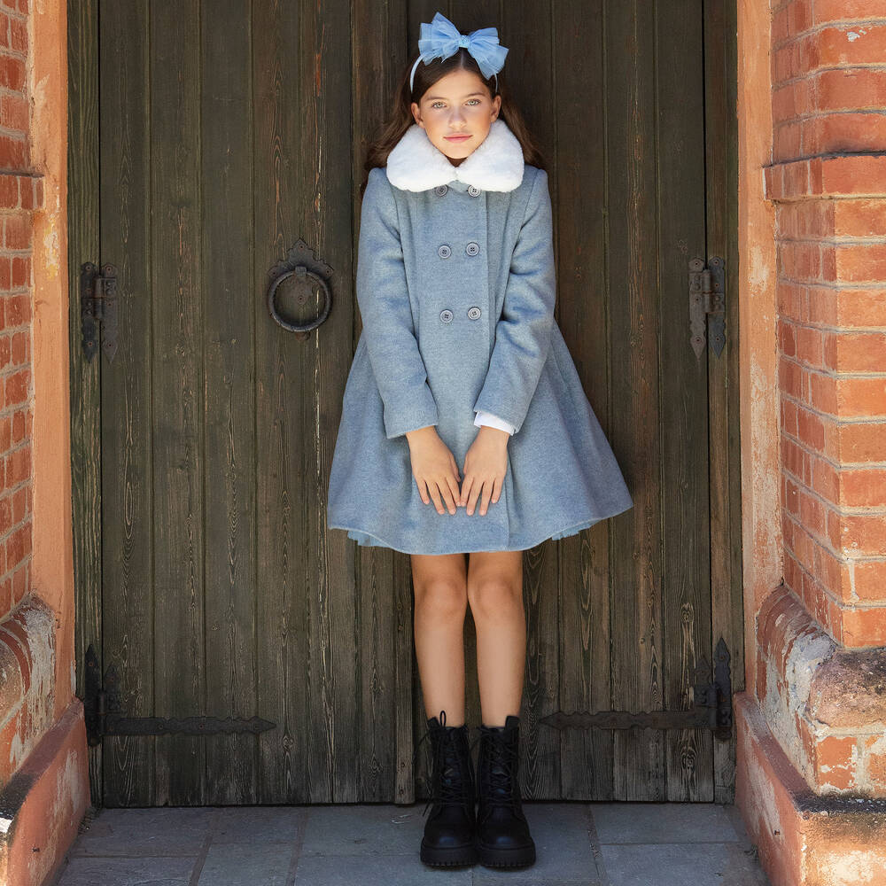 Balloon Chic-Girls Blue Wool Faux Fur Collar Coat | Childrensalon Outlet