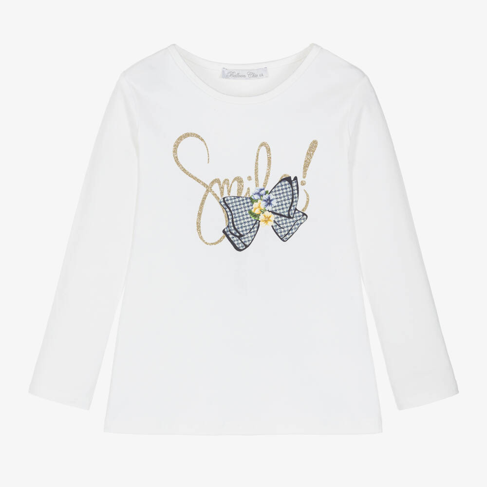 Balloon Chic-توب بفيونكة قطن لون أبيض للبنات | Childrensalon Outlet