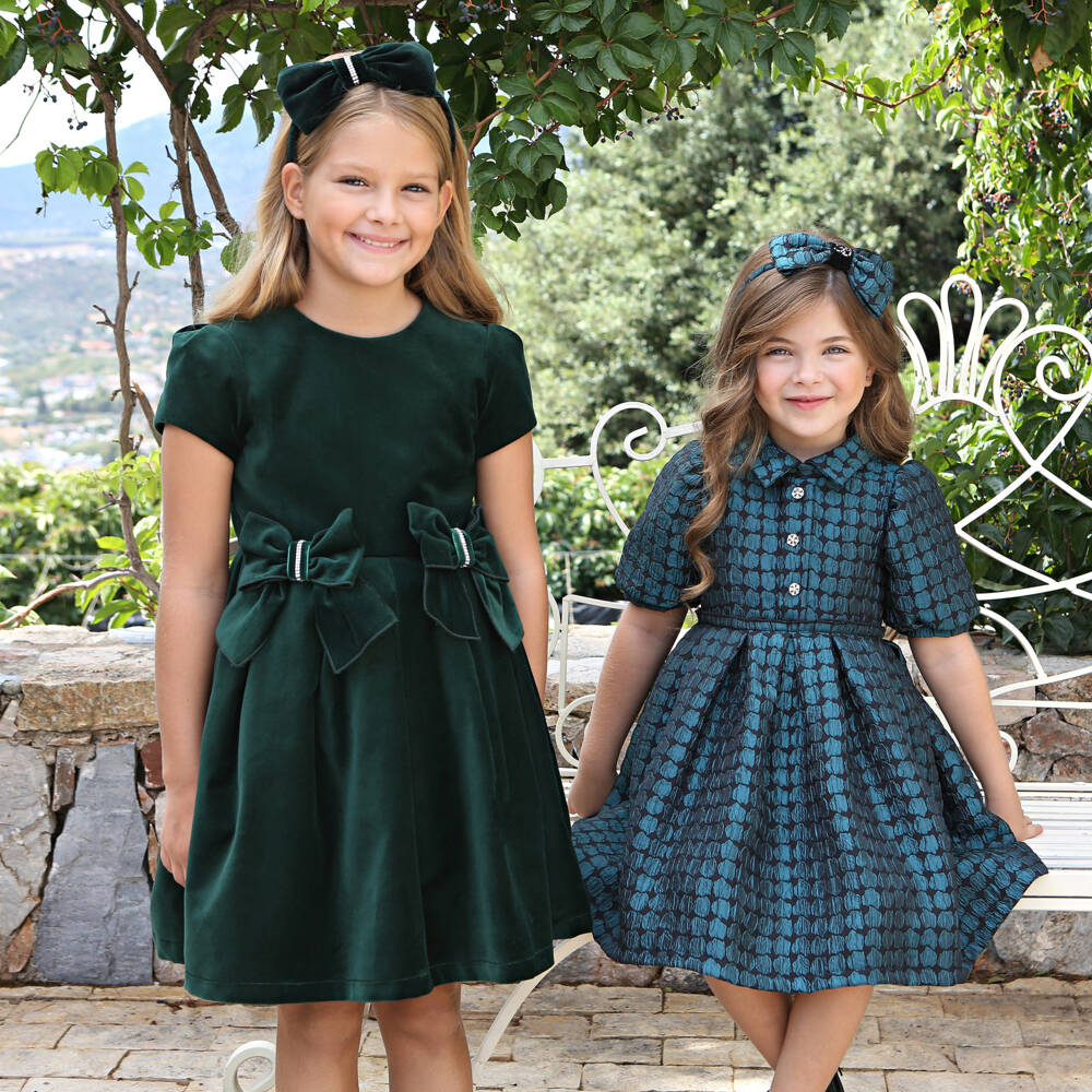 Balloon Chic-Girls Emerald Velvet Bow Dress | Childrensalon Outlet